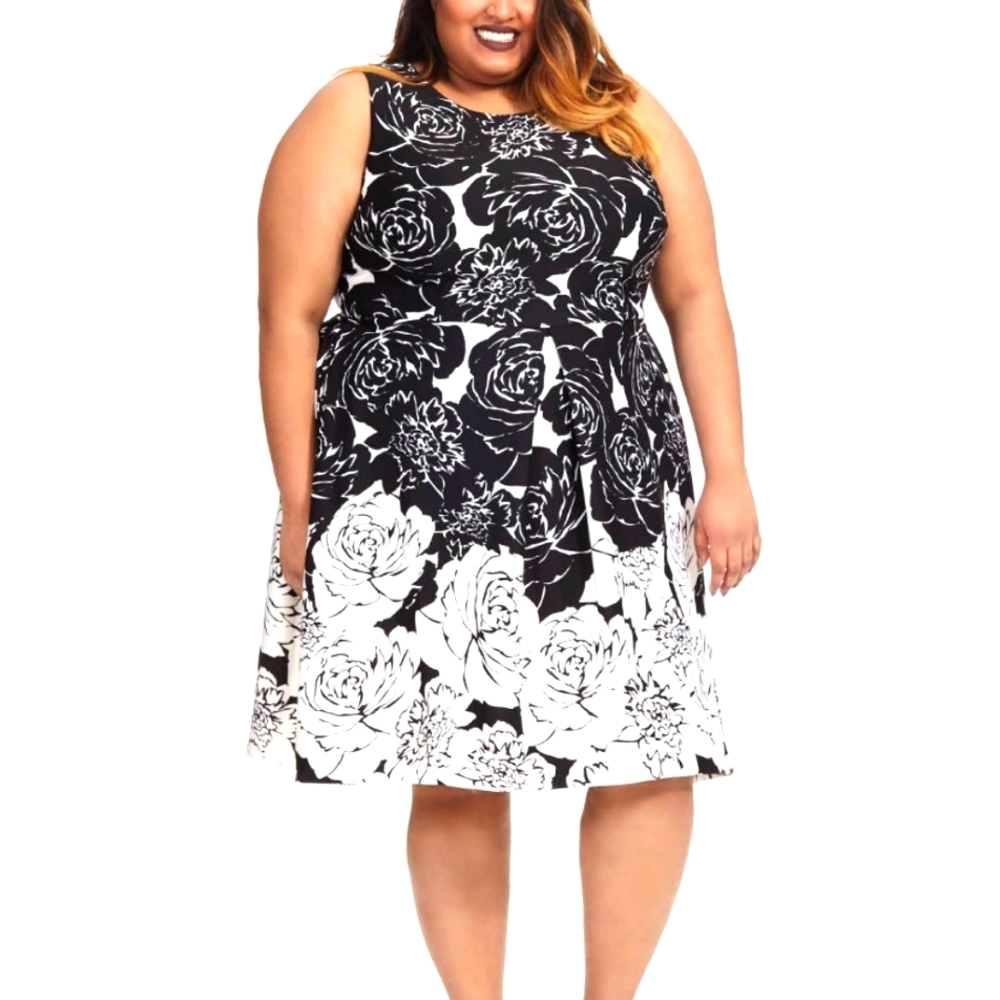 Fit & Flare Dress In White & Black Rose Print - Pockets